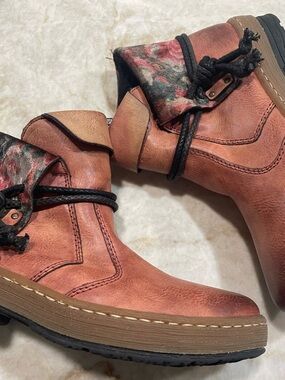 Rieker Fold-Over Leather Ankle Boots with Floral Accents